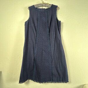 Boden Womens Mini Shift Dress Size 12 Navy Blue Sleeveless Pom Pom Eyelet Cotton